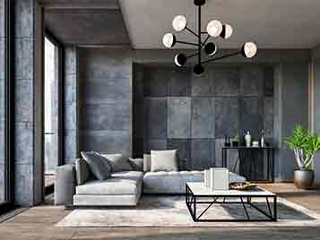 Bild von einem modernen Wohnzimmer mit grauer Wand und weißem Sofa