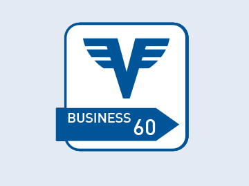 Business Klassik Konto Logo in Blau und Türkis auf hellblauem Hintergrund.