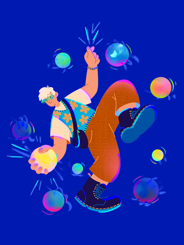 Illustration von einem Jungen vor einem blauen Hintergrund, der einen Ball in der Hand hat. Um ihn herum kreisen Weitere Bälle und Punkte.
